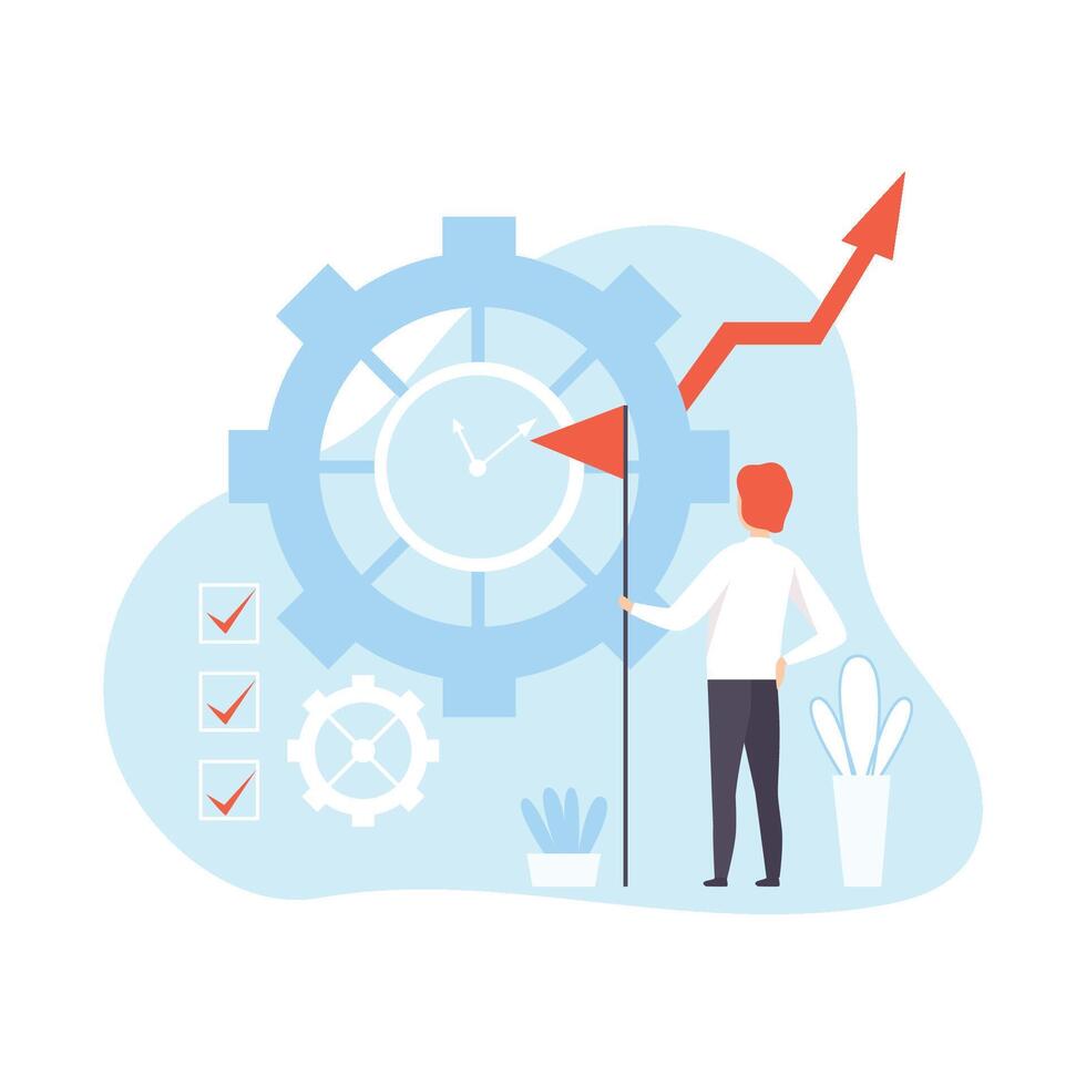 Businessman Effectively Using Time to Implement Plan, Office Worker Planning, Organizing, Controlling Working Time, Business Concept of Time Management Illustration vector