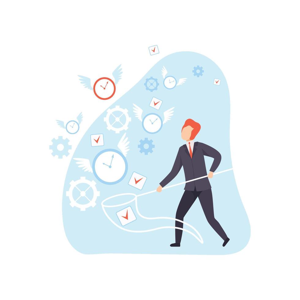 Businessman Catching Clocks with Net, Office Worker Planning, Organizing, Controlling Working Time, Business Concept of Time Management Illustration vector