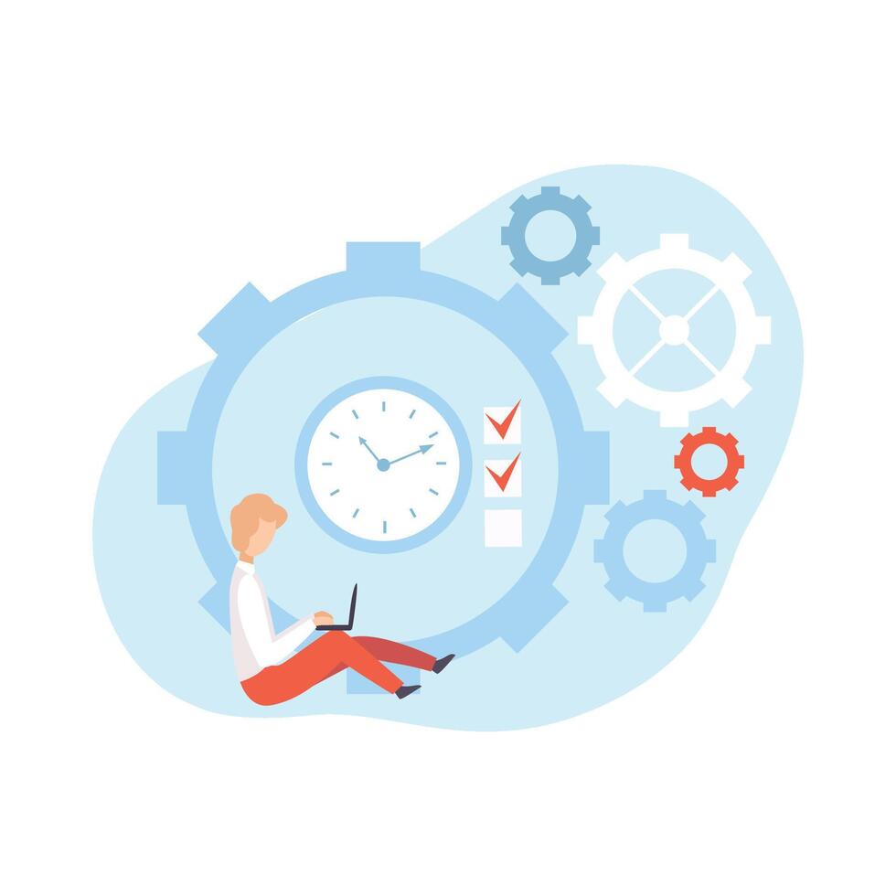 Man Working with Laptop Sitting Next to Clock, Businessman Planning and Controlling Working Time, Business Concept of Time Management Illustration vector