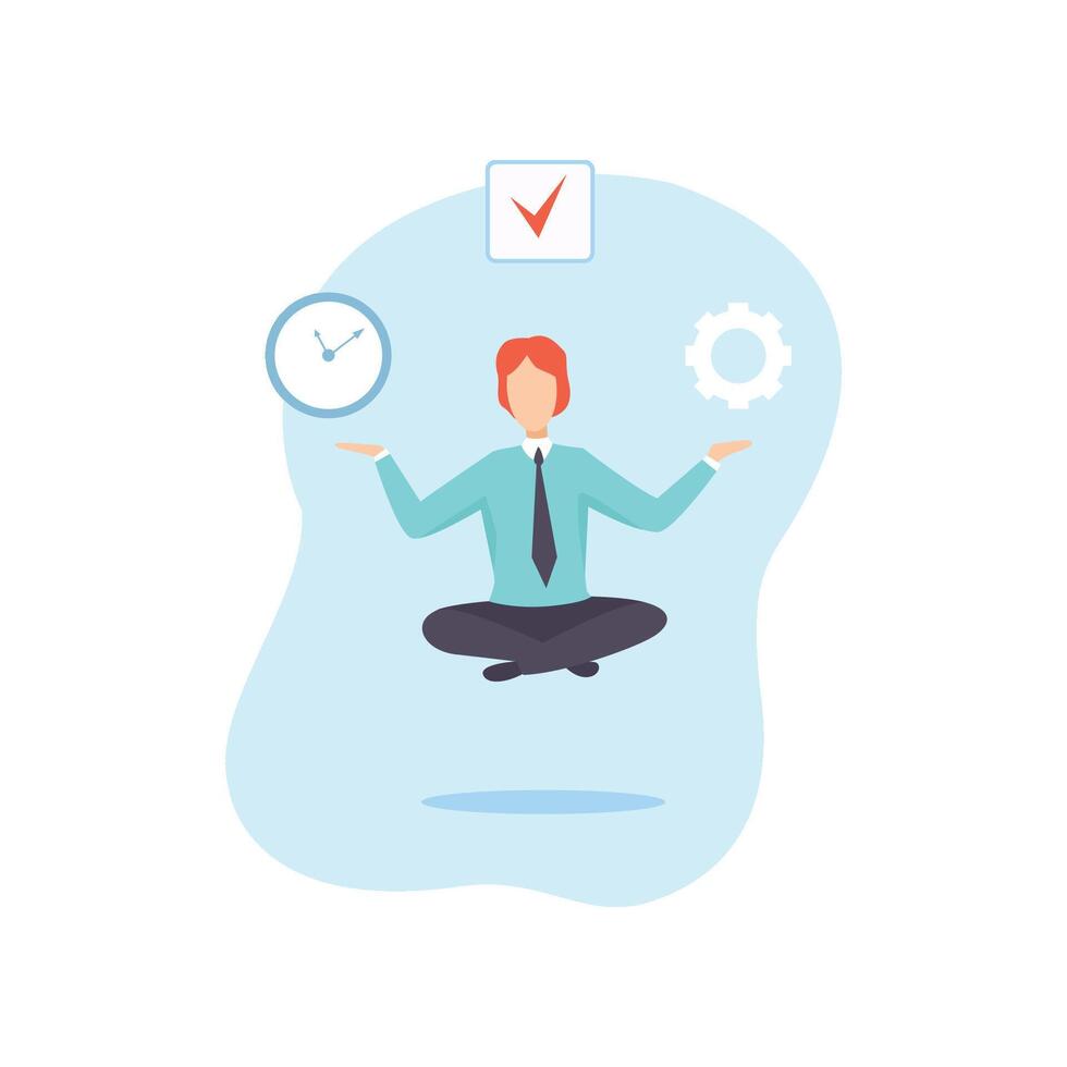Man Meditating with Clock Around Him, Businessman Planning, Organizing, Controlling Working Time, Business Concept of Time Management Illustration vector