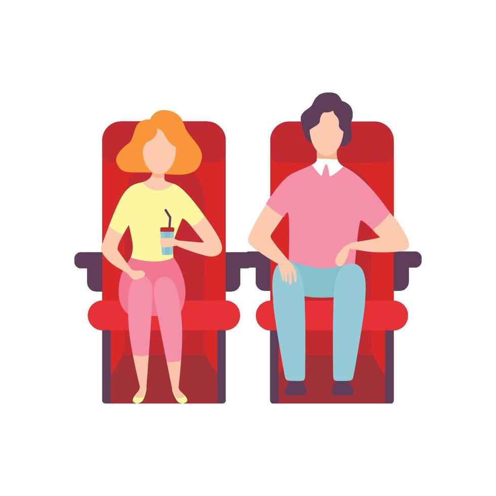 Couple Sitting in Cinema Theatre and Watching Movie, Young Man and Woman Looking at Projection Screen in Cinema Hall, Front View Illustration vector