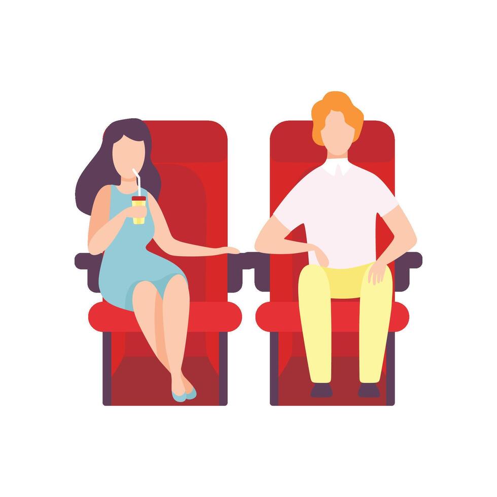 Couple Sitting in Cinema Theatre and Watching Movie, Young Woman Drinking Soda Drink Illustration vector