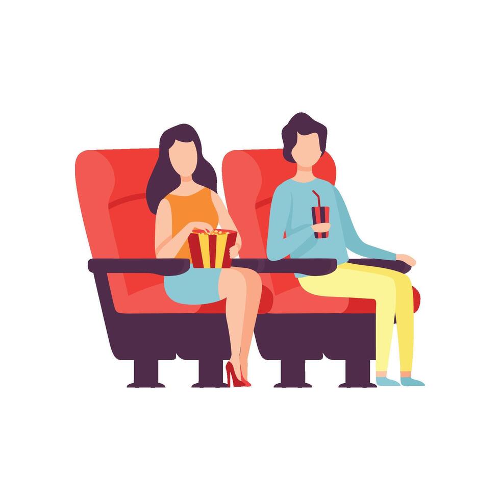 Couple Sitting in Cinema Theatre and Watching Movie, Young Man and Woman Eating Popcorn and Drinking Soda Drink in Cinema Hall Illustration vector