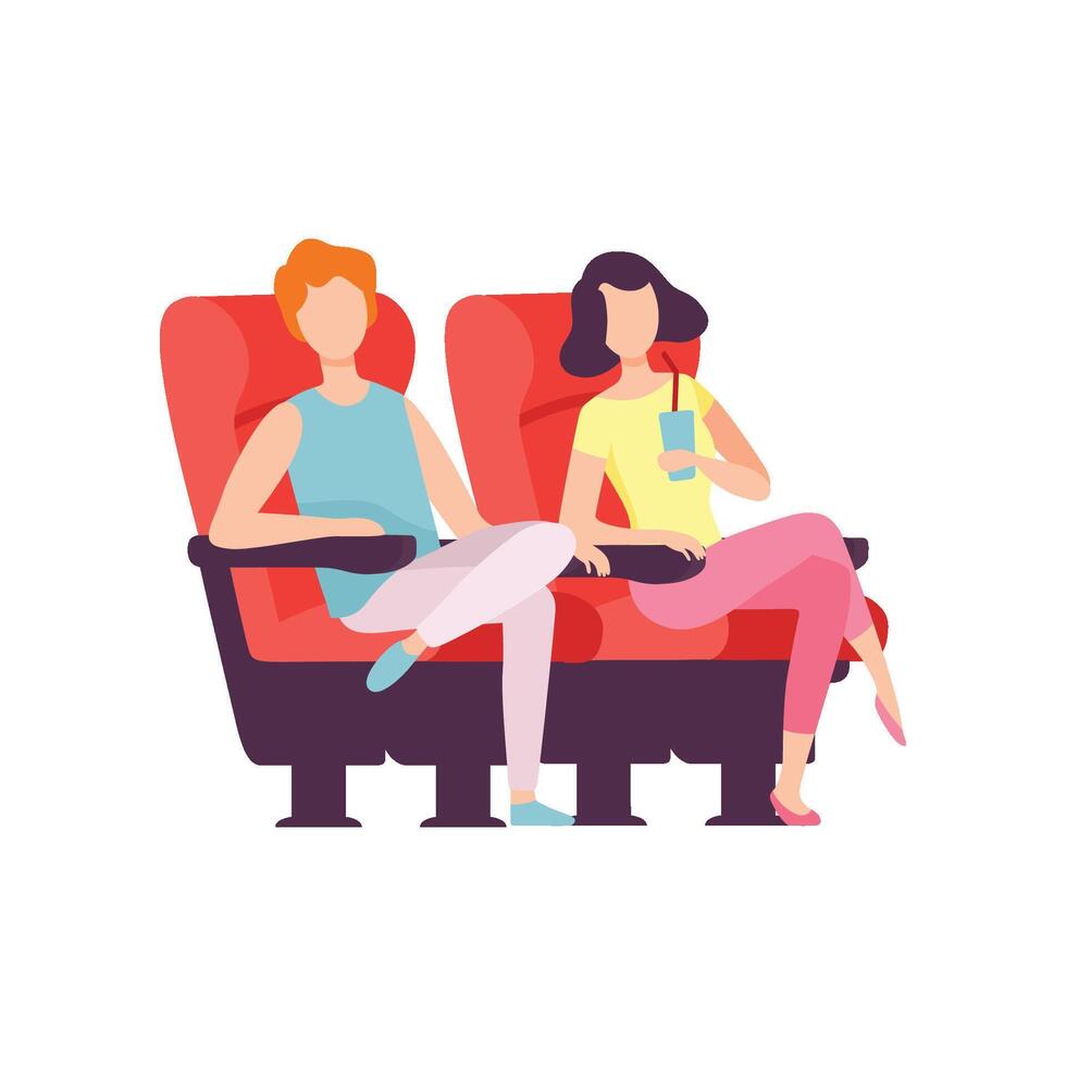 Couple Sitting in Cinema Theatre and Watching Movie, Young Man and Woman Looking at Projection Screen in Cinema Hall Illustration vector