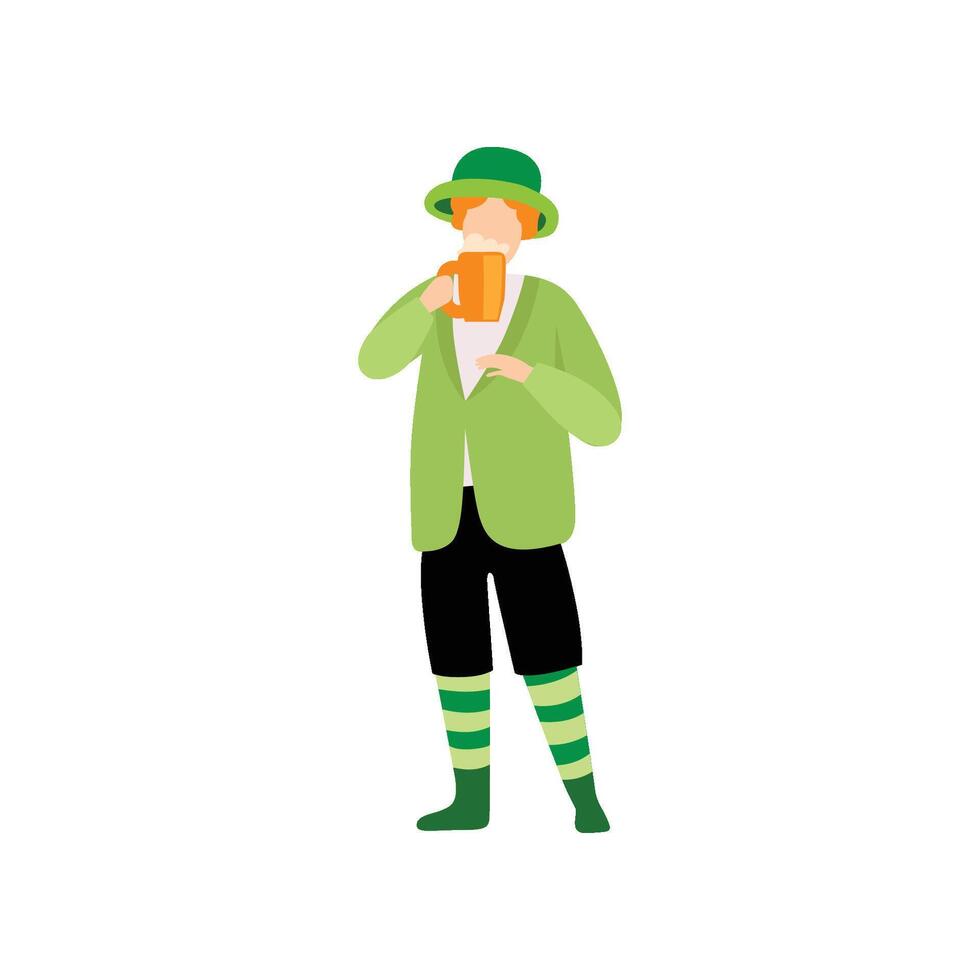Young Man in Green Irish Costume Drinking Beer, Guy Celebrating Saint Patrick Day Illustration vector
