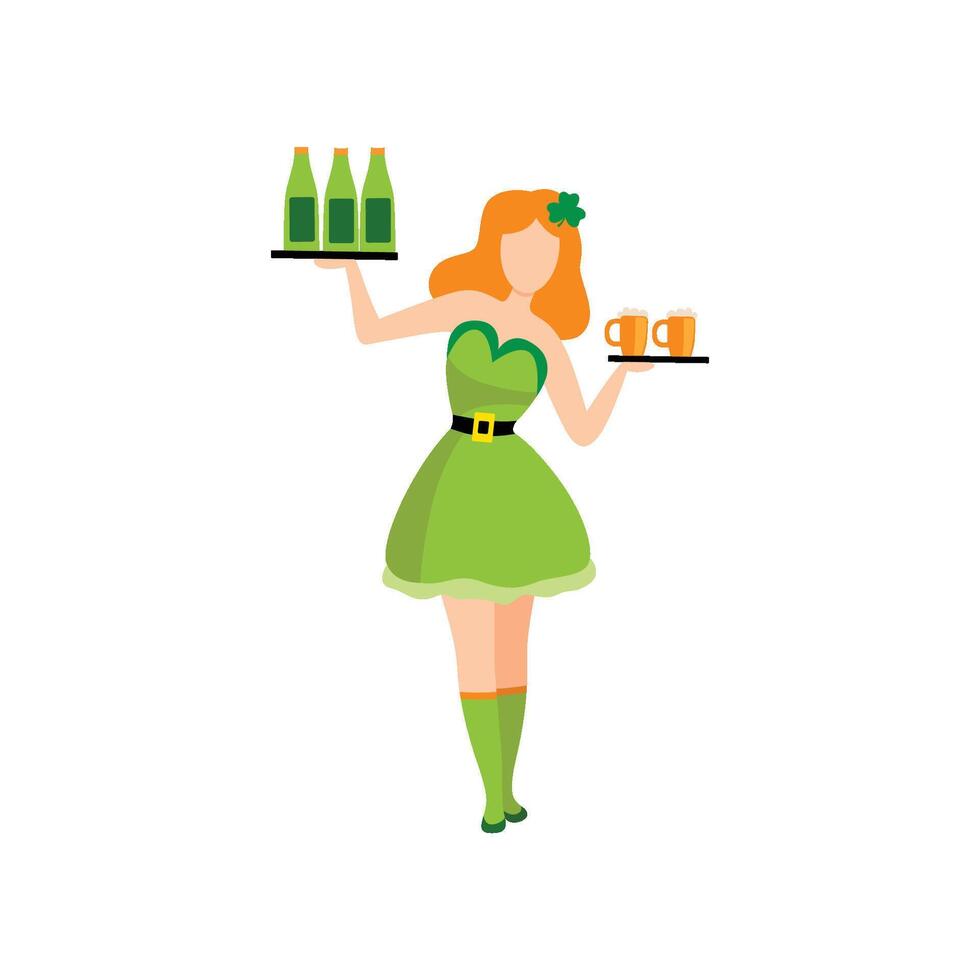 Waitress in Green Irish Traditional Costume with Mugs and Bottles of Beer on Tray, Girl Celebrating Saint Patrick Day Illustration vector