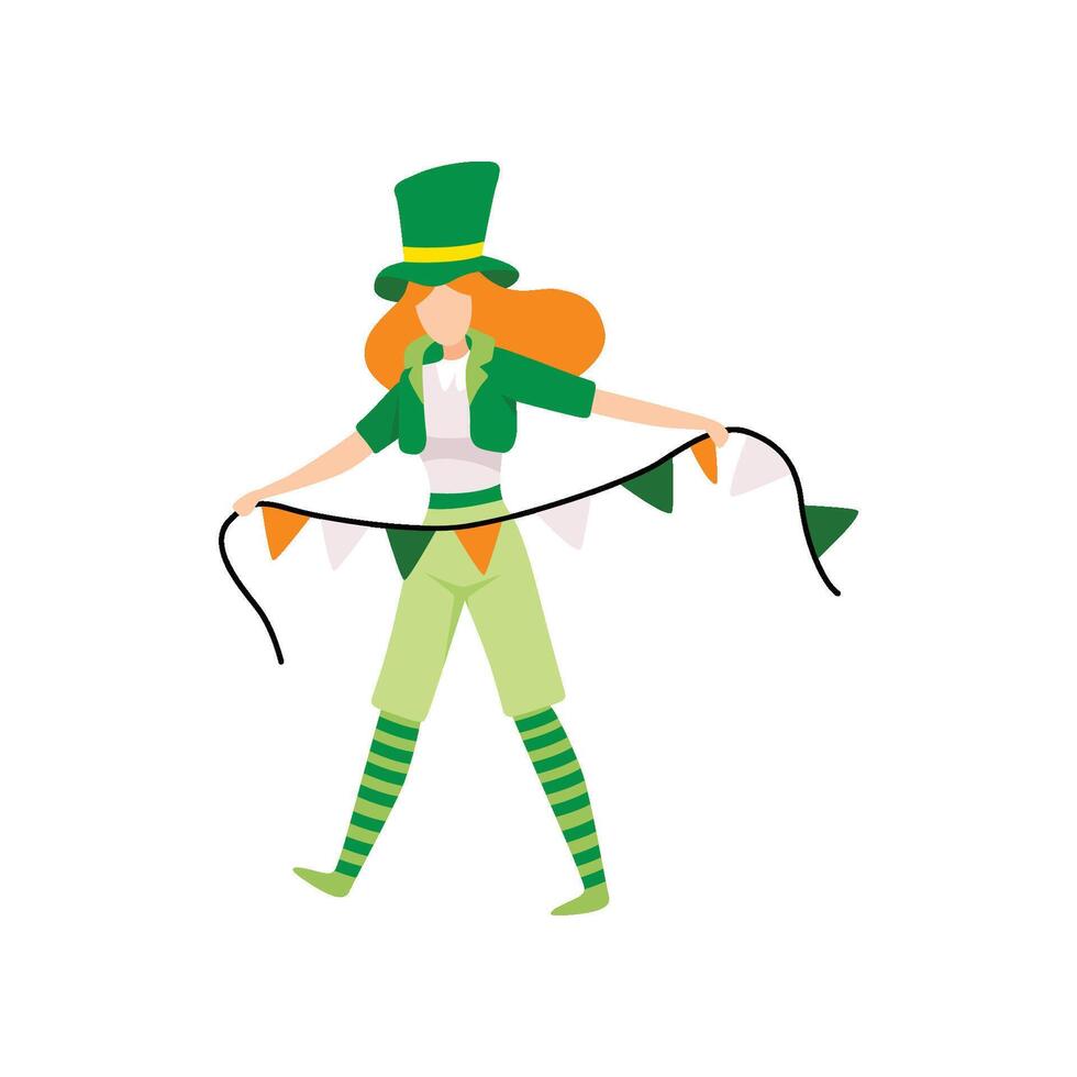 Girl in Green Irish Costume Celebrating Saint Patrick Day with Party Flags Illustration vector
