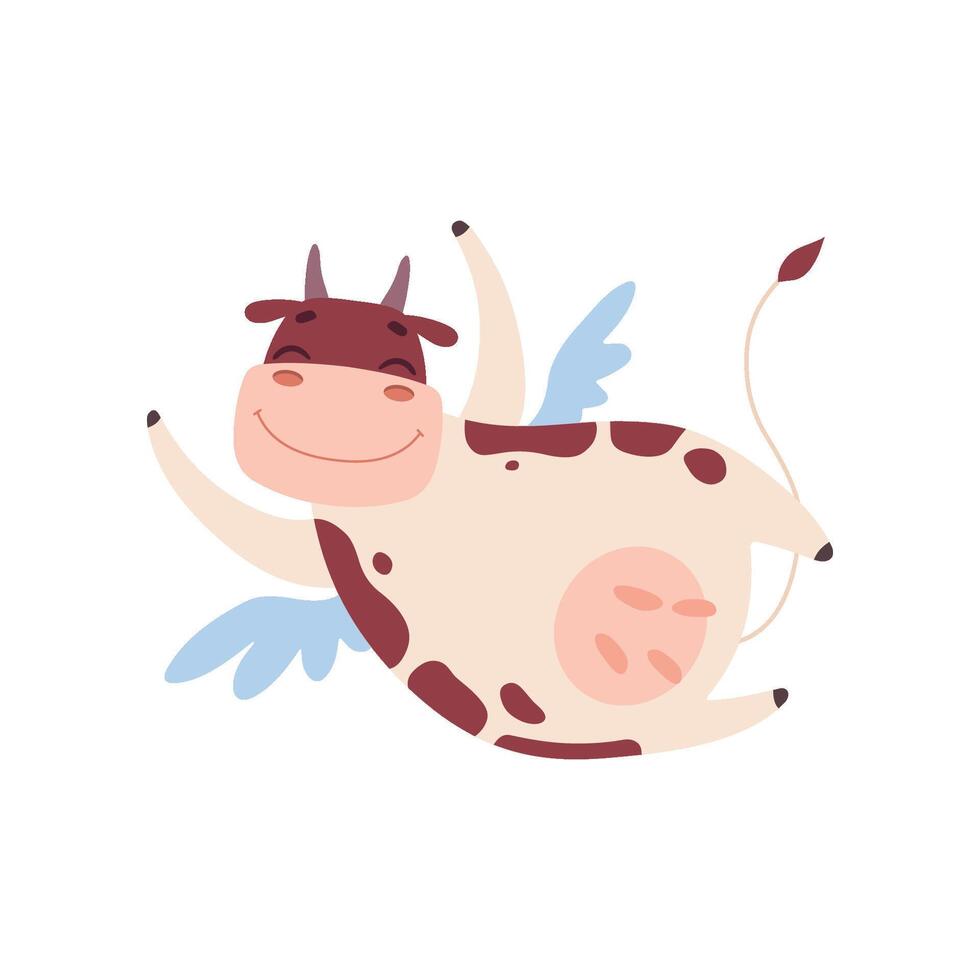 Cute Smiling Cow Flying with Wings, Funny Farm Animal Cartoon Character Illustration vector