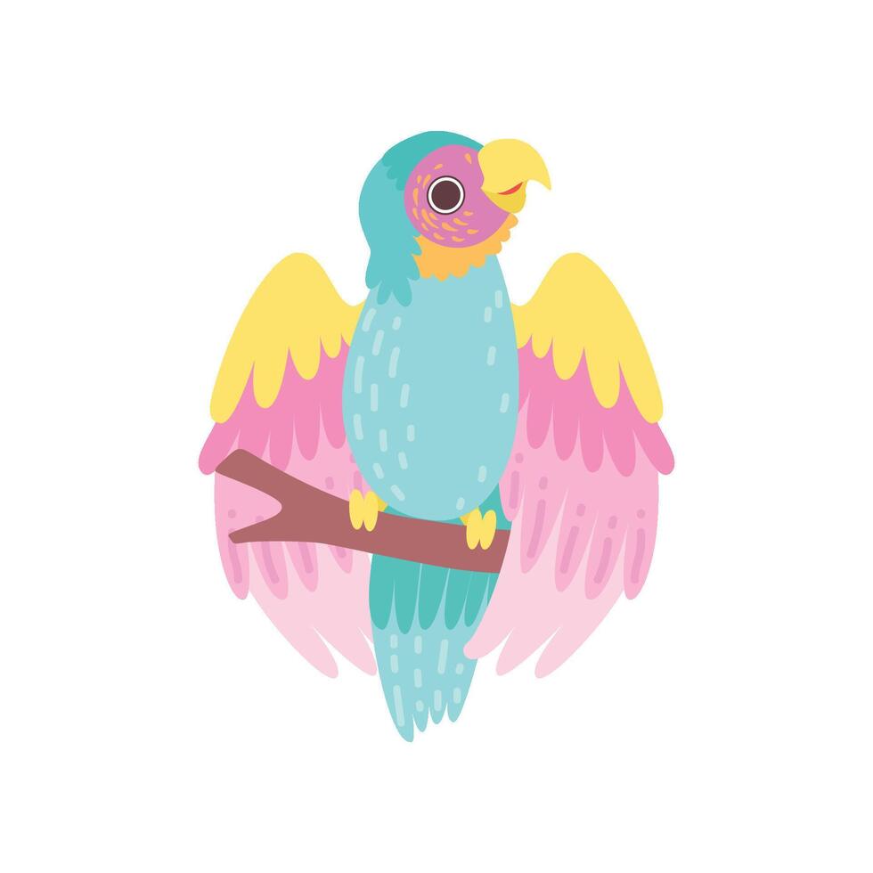 Tropical Parrot Bird with Iridescent Plumage Sitting on Perch Illustration vector
