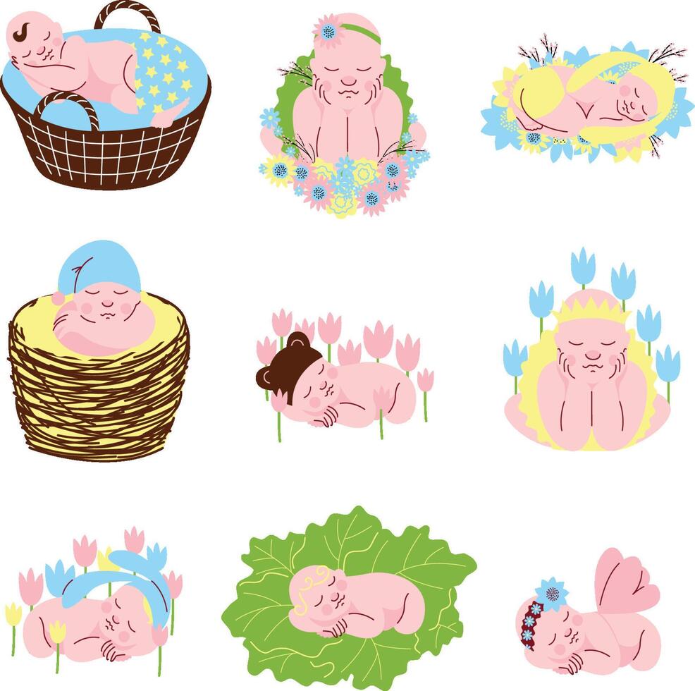 Collection of Adorable Sleeping Newborn Babies Illustration vector