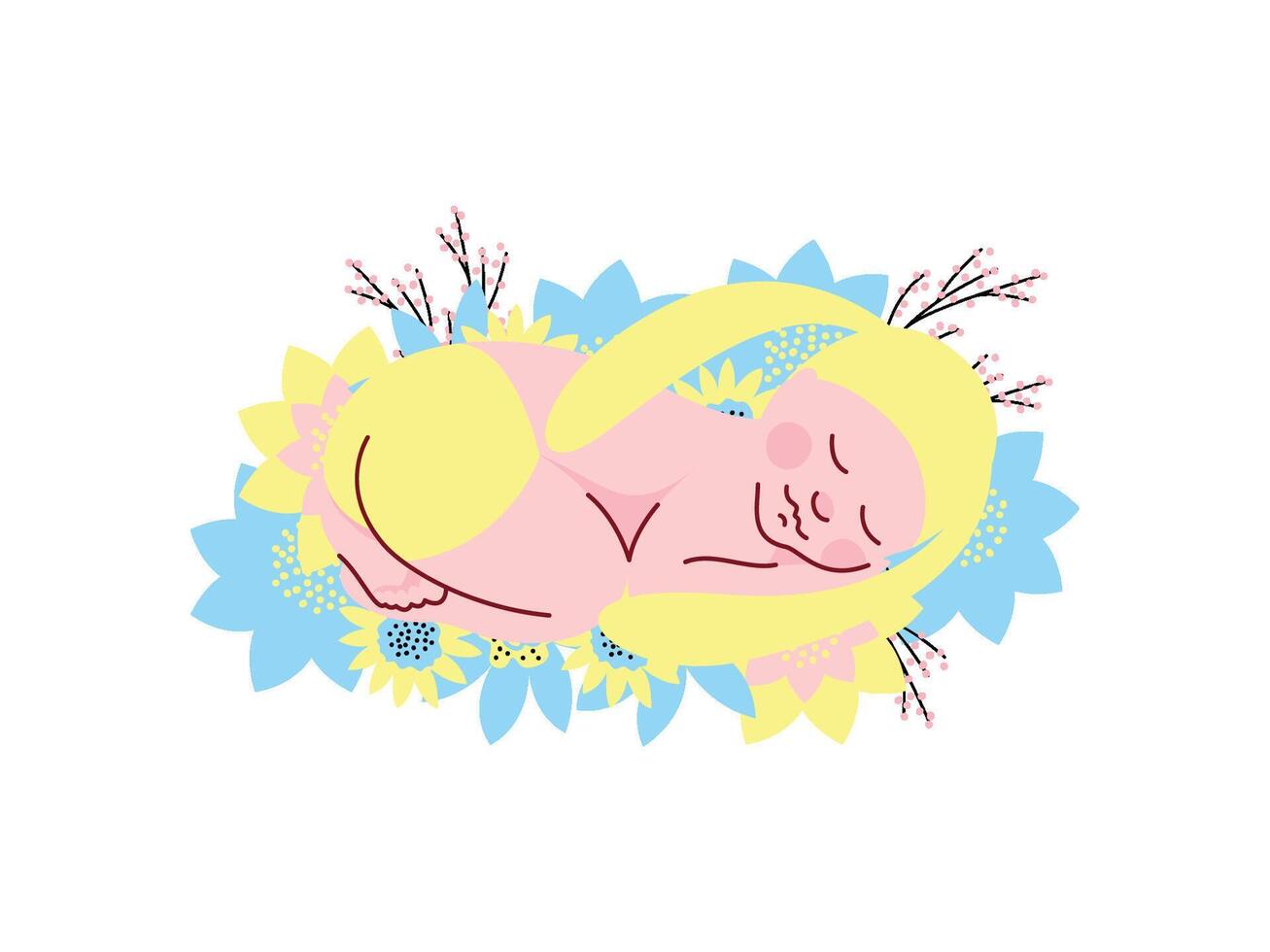 Newborn Baby in Yellow Bunny Cap Sleeping on Spring Flowers Illustration vector