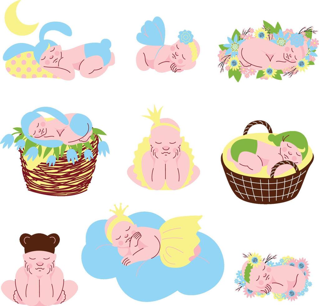 Collection of Cute Sleeping Newborn Babies Illustration vector