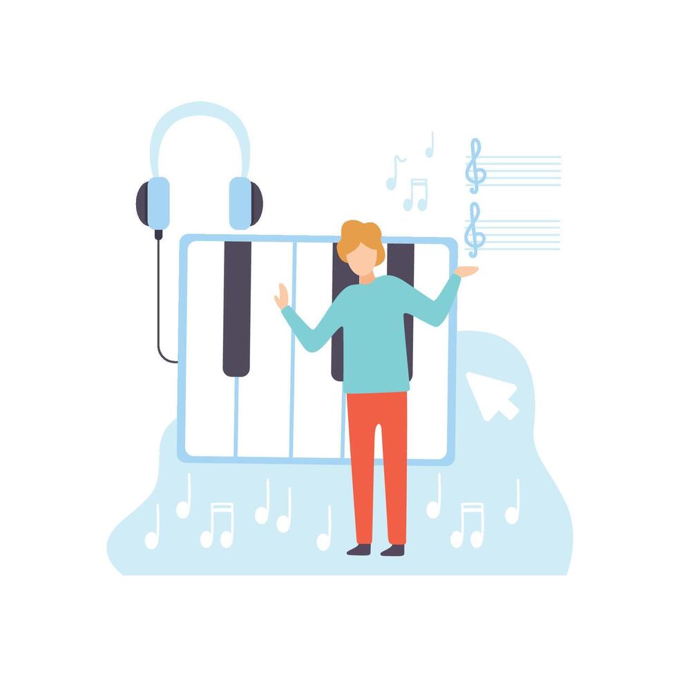 Male Musician Creating Music Content, Technology Process of Software Development, Social Media Marketing Illustration vector