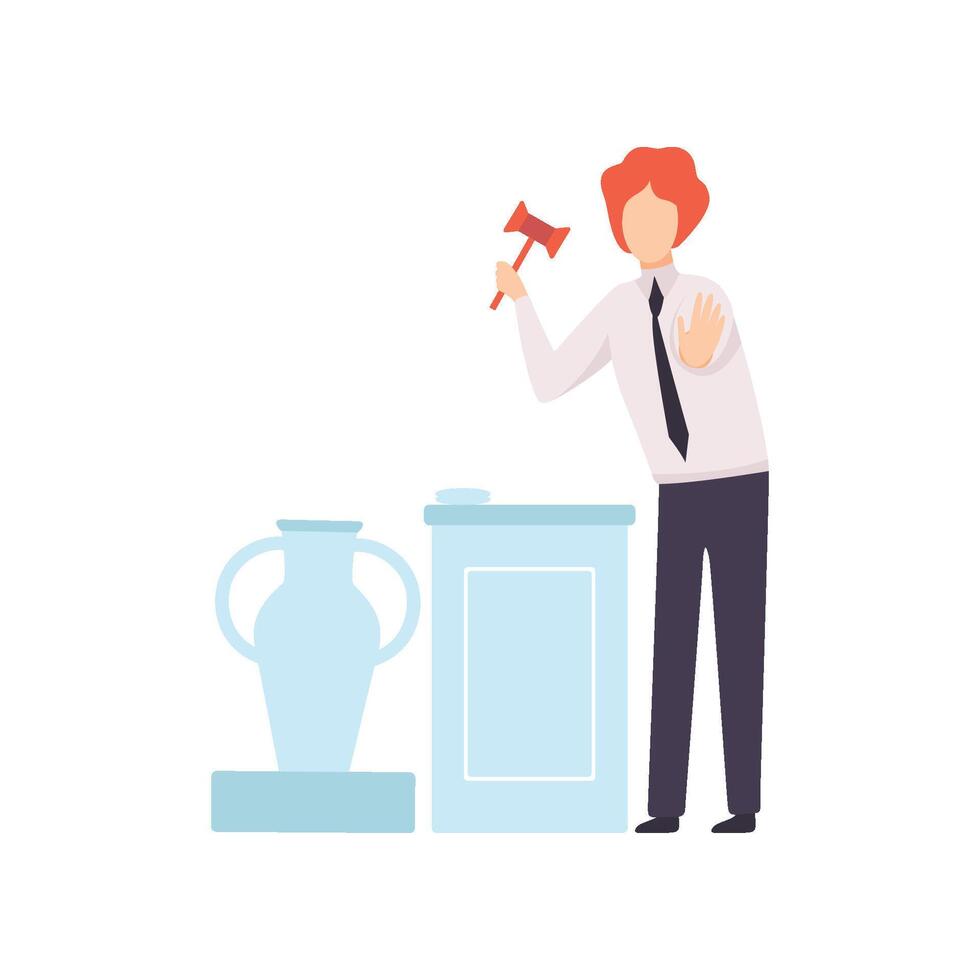 Man with Gavel Standing Behind Special Stand and Announcing Price, Auctioneer Selling Ancient Vase Illustration vector