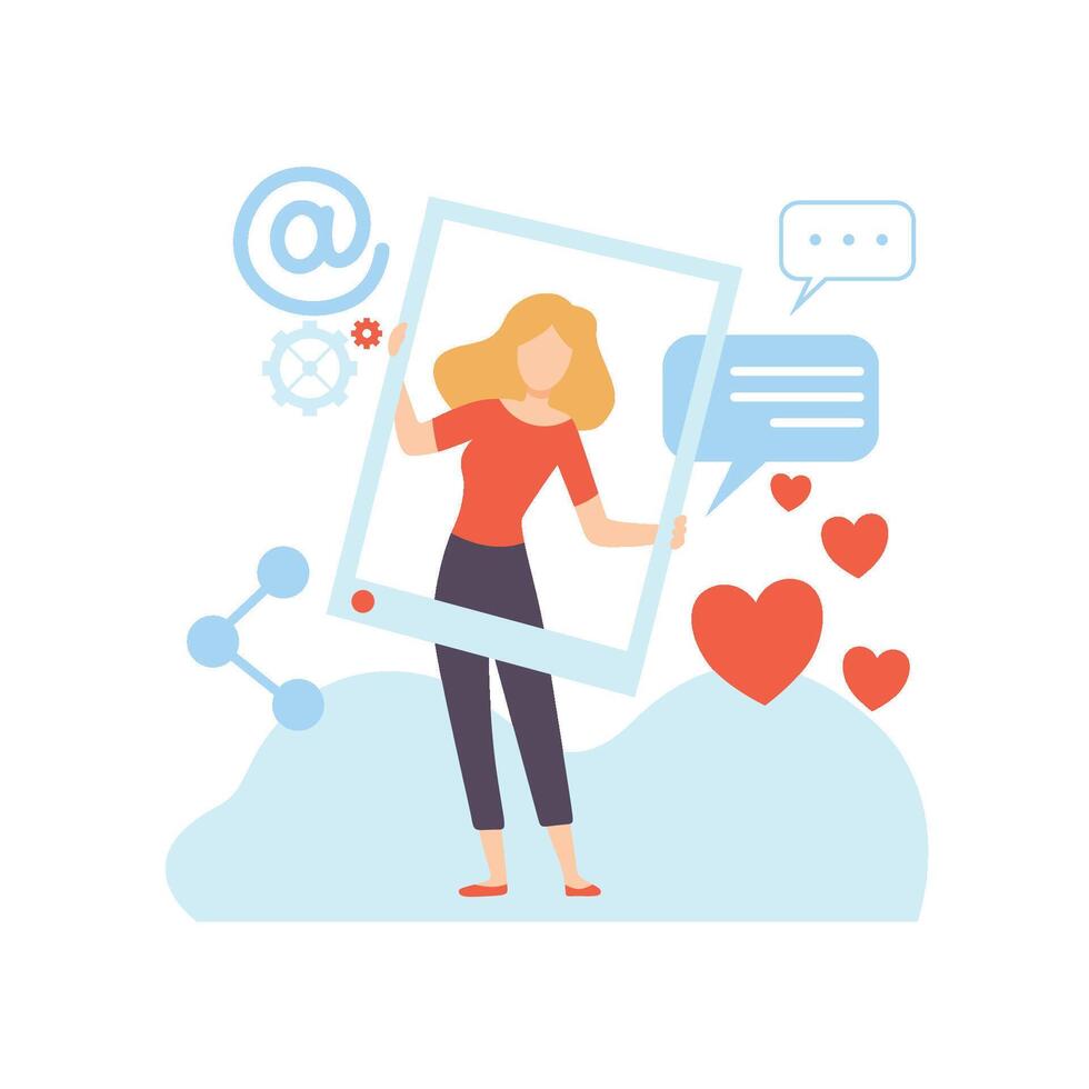 Woman Blogger Creating Digital Content, Technology Process of Software Development Illustration vector