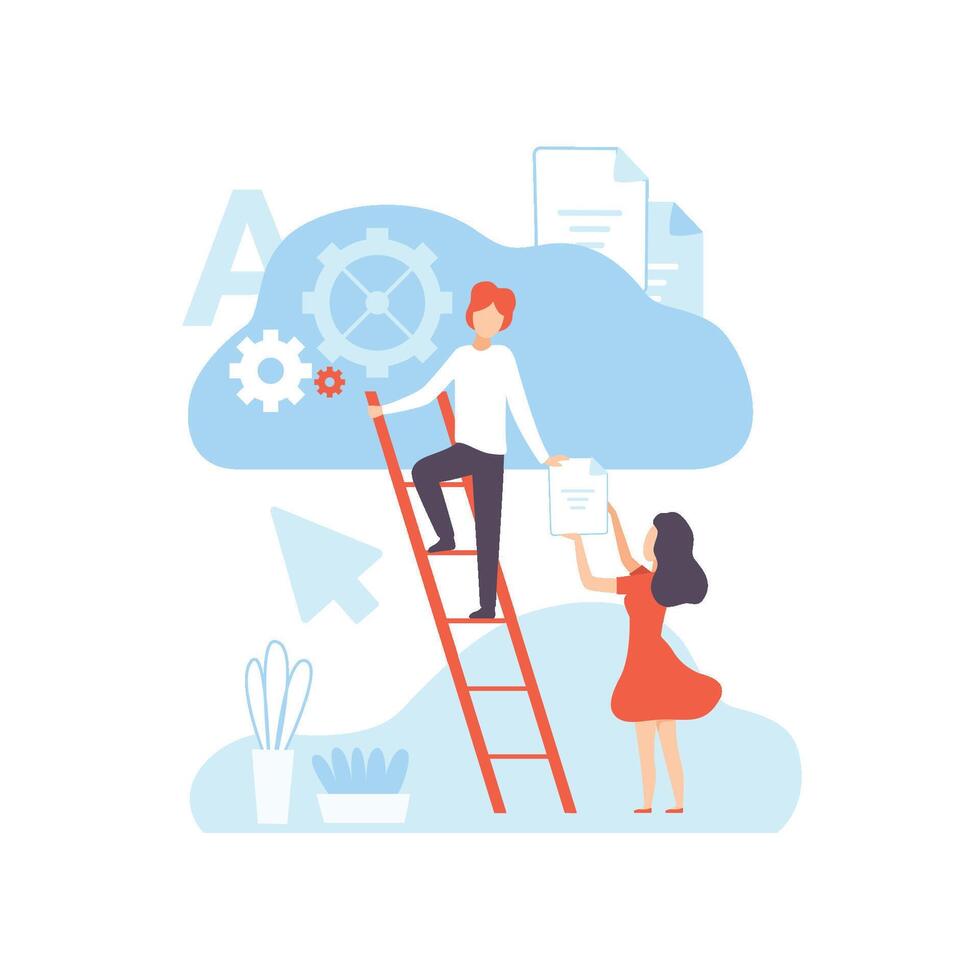 Digital Content Creating, Technology Process of Articles and Media Materials Uploading, Social Media Marketing Illustration vector