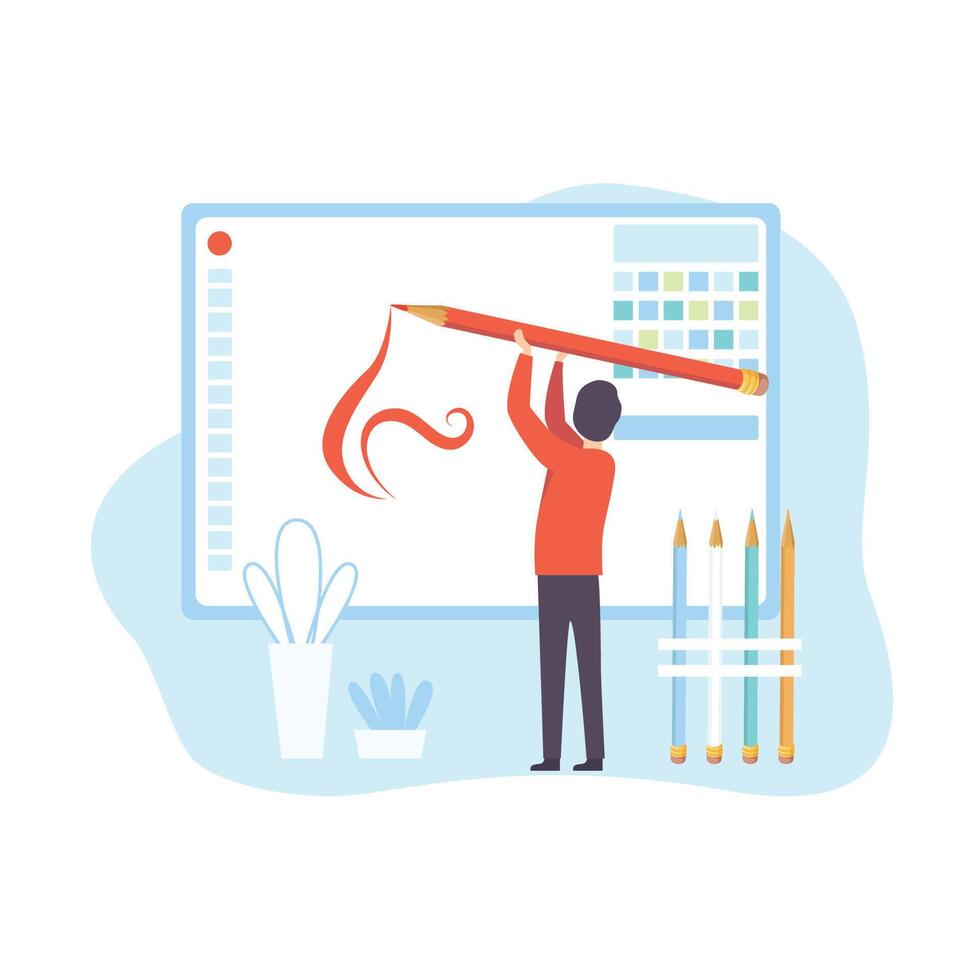 Man Creating Website, Digital Content Technology Process, Social Media Marketing Illustration vector