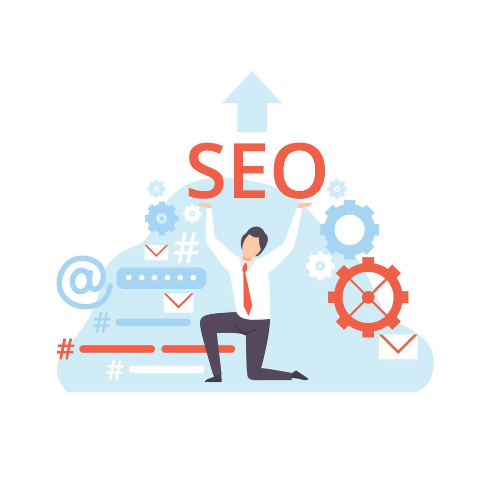 Businessman Working on SEO Optimization, Digital Content Concept, Social Media Marketing Illustration vector