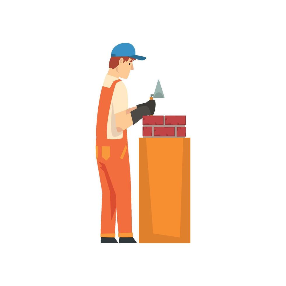 Professional Builder Laying Bricks in Wall, Male Construction Worker Character in Orange Overalls and Blue Cap with Equipment Illustration vector
