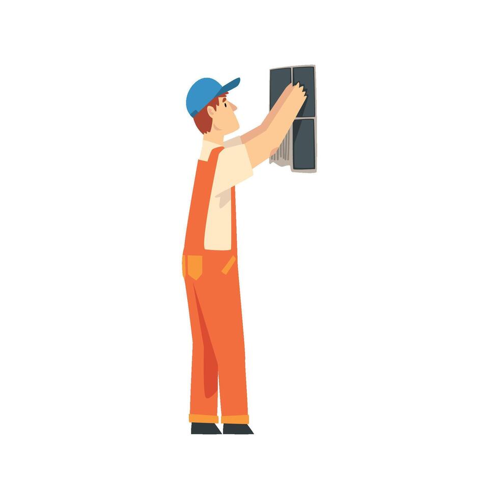 Professional Builder Installing Ceramic Tiles on Wall, Male Construction Worker Character in Orange Overalls and Blue Cap Installing Small Ceramic Tiles on Wall on Illustration vector