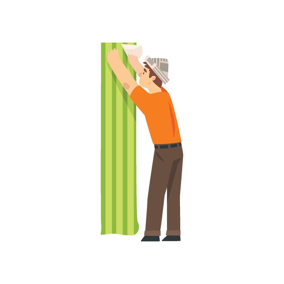 Handyman Glueing Wallpapers, Male Construction Worker Character in Paper Cap with Professional Equipment Illustration vector