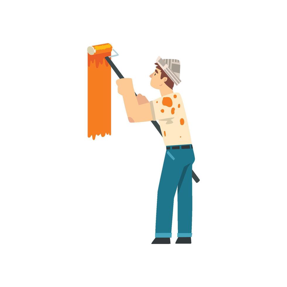 Painter Painting Wall with Roller, Male Construction Worker Character in Paper Cap with Professional Equipment Illustration vector