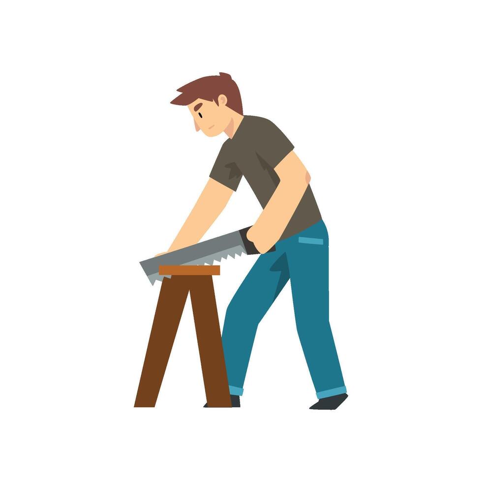 Carpenter Sawing Wood Board, Male Construction Worker Character with Professional Equipment Illustration vector