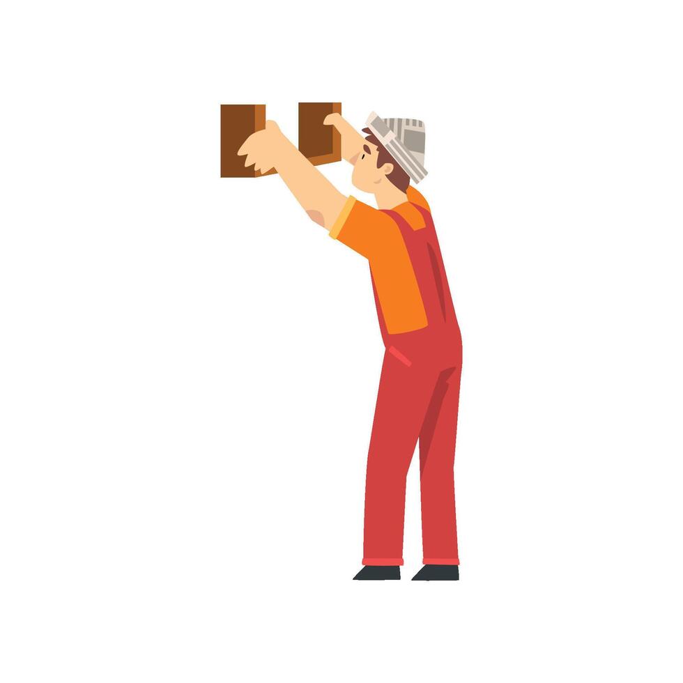 Handyman Fixing Shelf to Wall, Male Construction Worker Character in Paper Cap Illustration vector