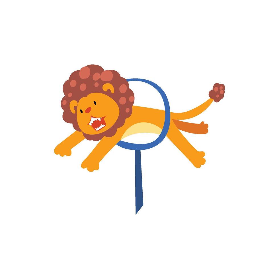 Lion Jumping Through Ring, Cute Animal Performing in Circus Show Cartoon Illustration vector
