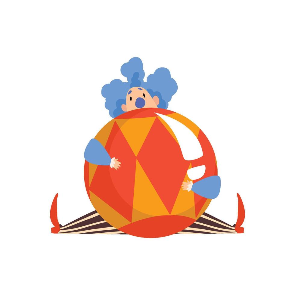 Funny Clown Sitting with Big Ball, Actor Performing in Circus Show Cartoon Illustration vector