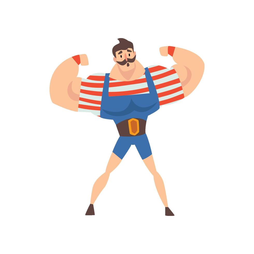 Strong Man Performing in Circus Show, Mustached Muscular Athlete Cartoon Illustration vector