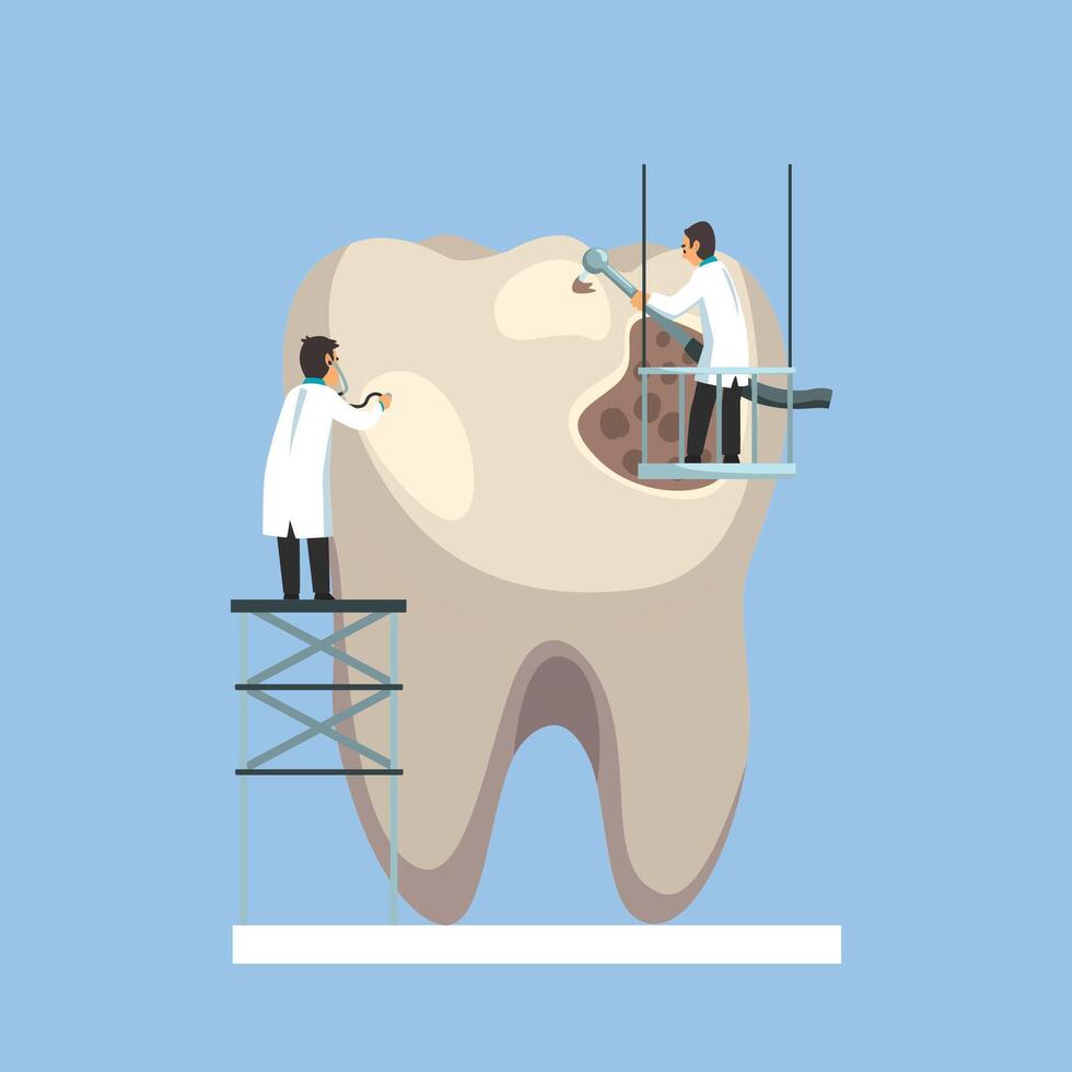 Two Small Male Doctors Treating and Cleaning Giant Unhealthy Tooth Illustration vector