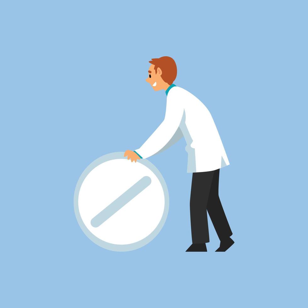 Male Professional Doctor Character with Big Pill, Worker of Medical Clinic or Hospital in White Lab Coat Illustration vector