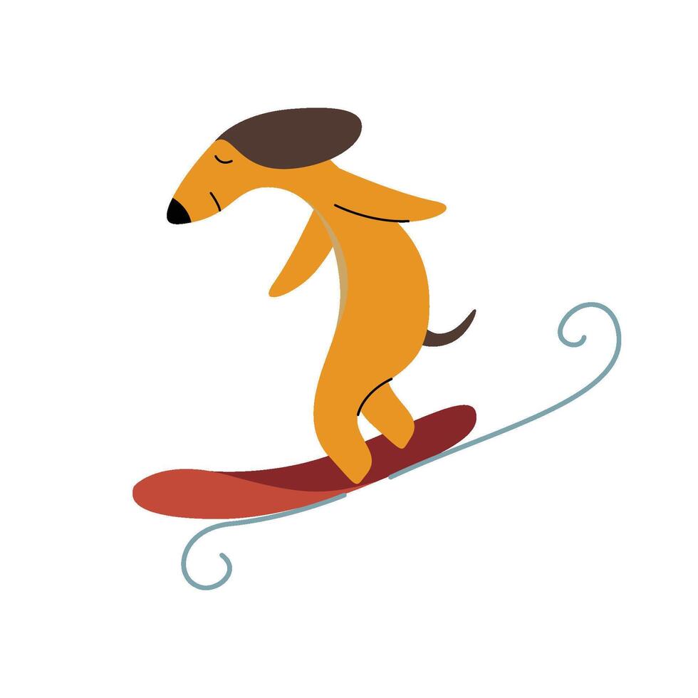 Purebred Brown Dachshund Dog Surfer Catching Wave, Funny Playful Pet Animal Cartoon Character Illustration vector