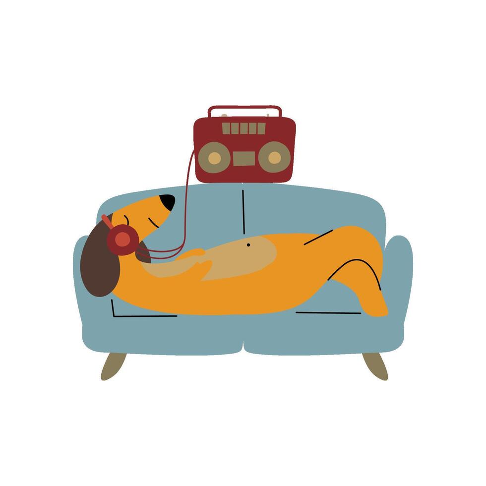 Purebred Brown Dachshund Dog Lying on Sofa and Listening Music with Headphones, Funny Playful Pet Animal Cartoon Character Illustration vector