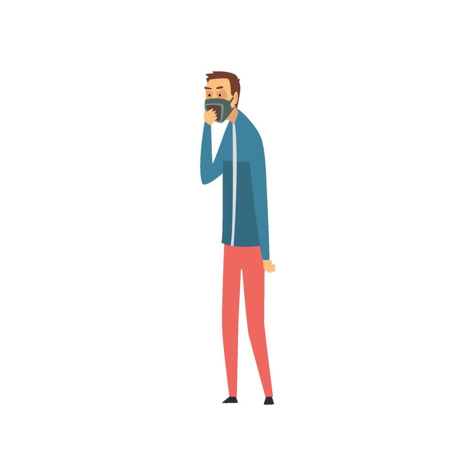 Man Wearing Respirator Protective Mask, Guy Suffering from Industrial Smog Illustration vector