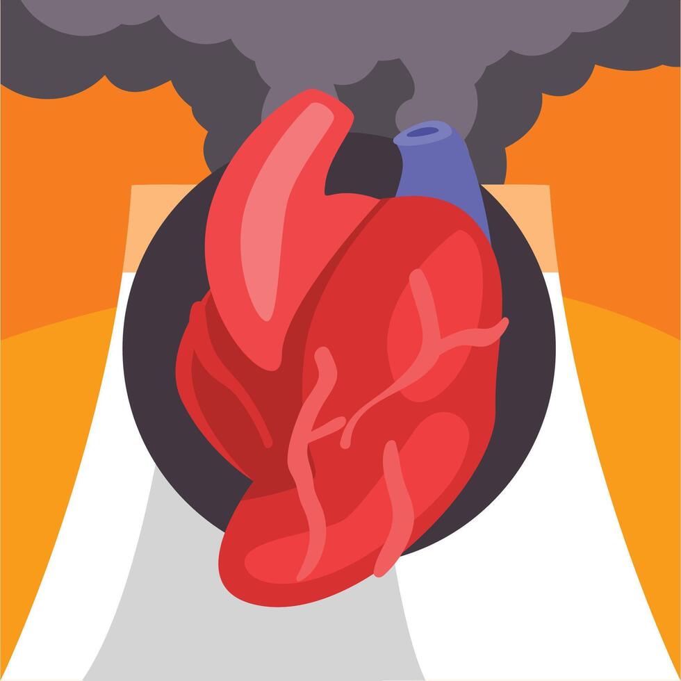 Human Heart, People Suffering from Fine Dust, Industrial Smog, Heart on Background of Industrial Landscape and Clouds of Smoke Illustration vector