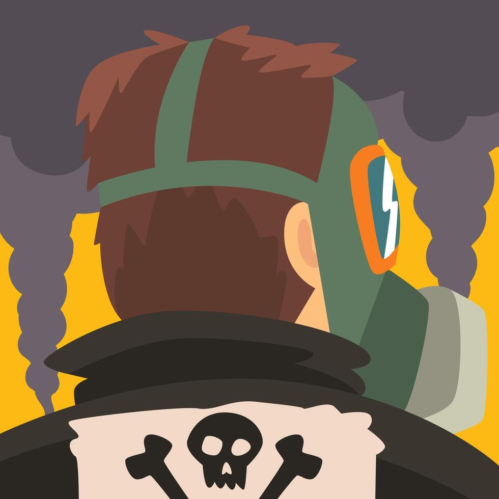 Man Wearing Protective Mask Suffering from Fine Dust, Industrial Smog, Man on Background of Industrial Landscape and Clouds of Smoke Illustration vector