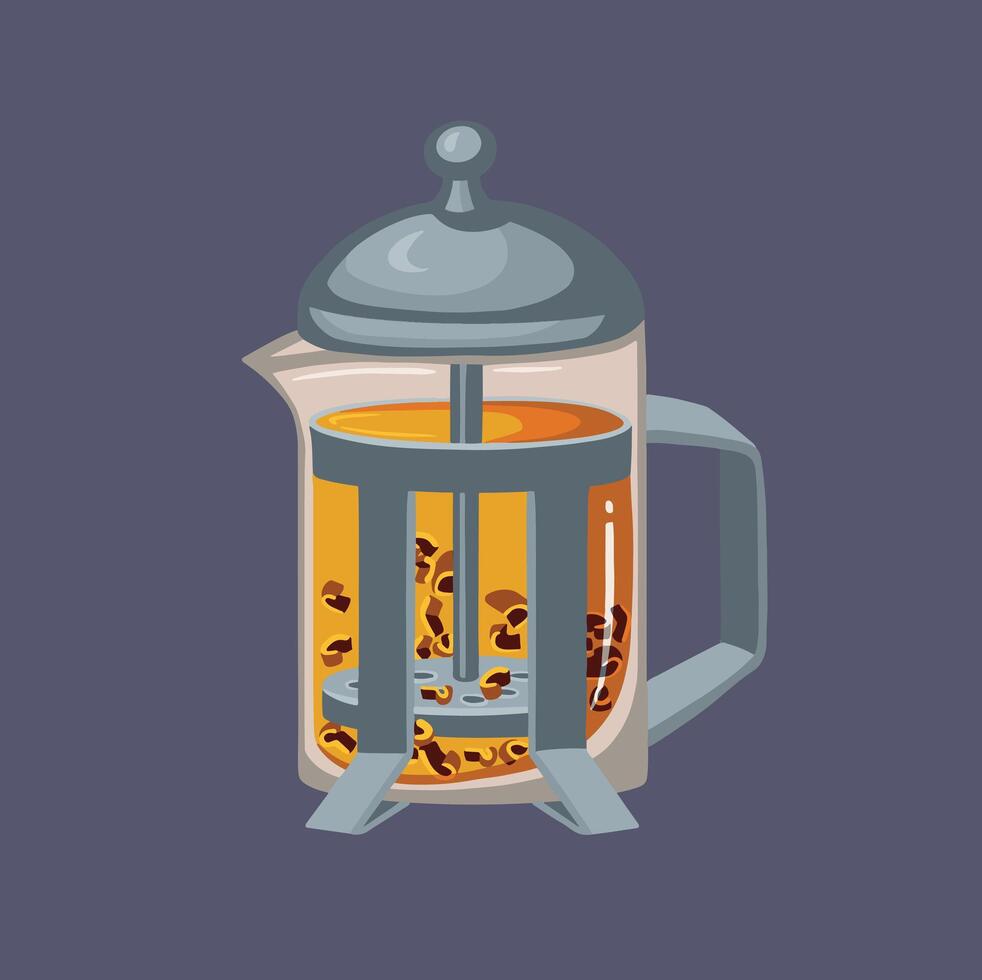 Teapot with press with strainer, hand drawn illustration vector