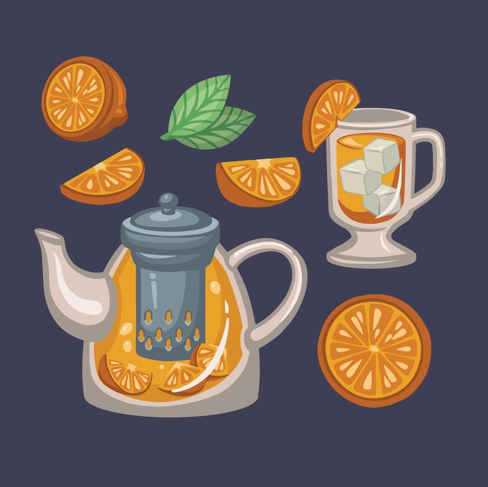 Citrus tea set, hand drawn illustration vector