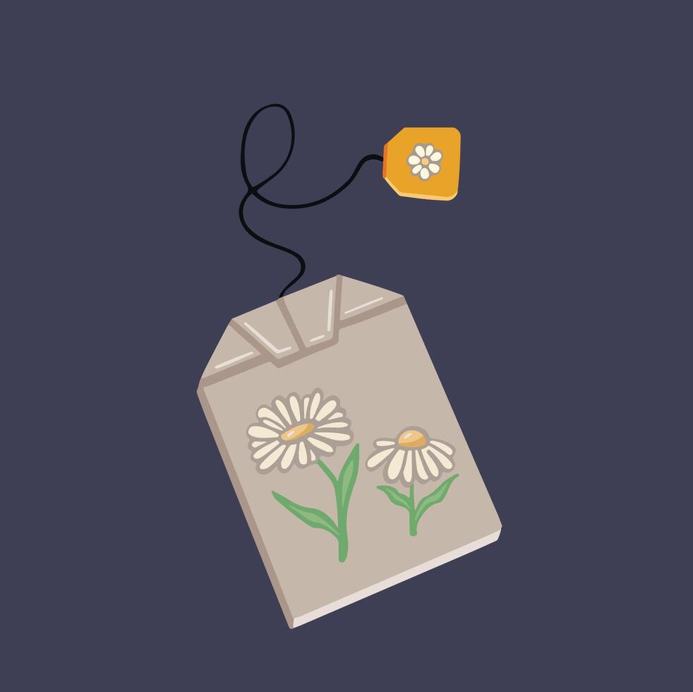 Tea bag with chamomile and herbs, hand drawn illustration vector