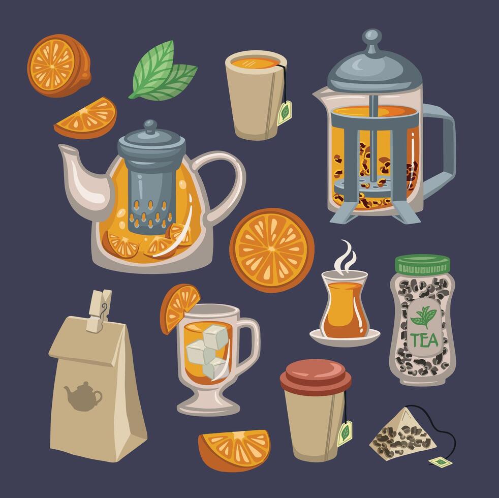 Large citrus tea set, hand drawn illustration vector