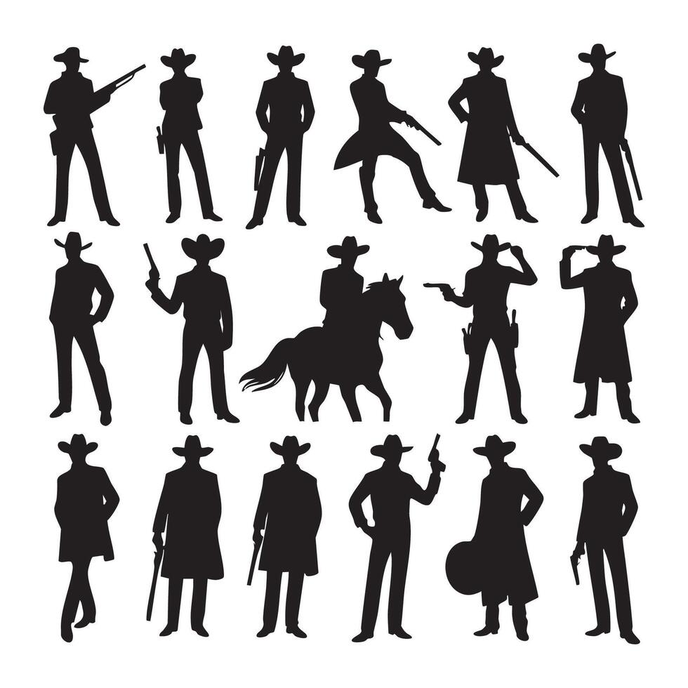 Collection of cowboy shapes in silhouette style on a neutral white background vector