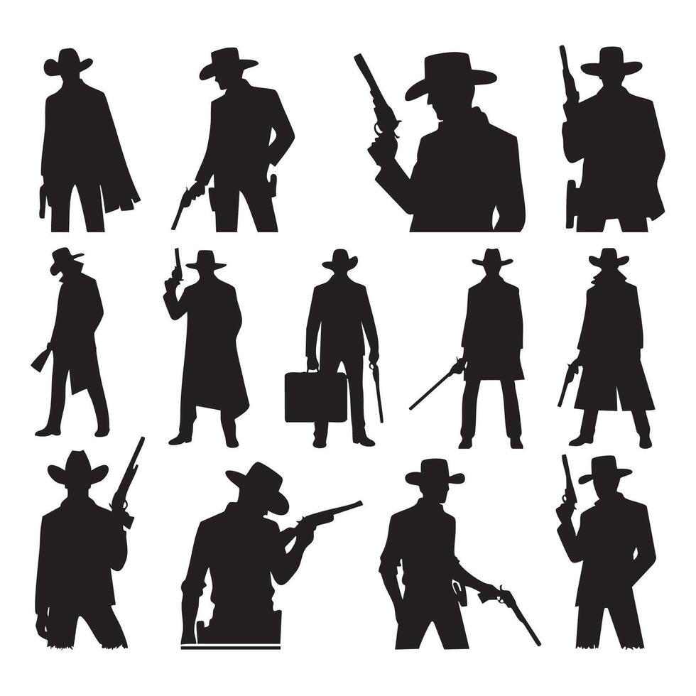 Set of cowboy-inspired silhouettes laid out on a white plane vector