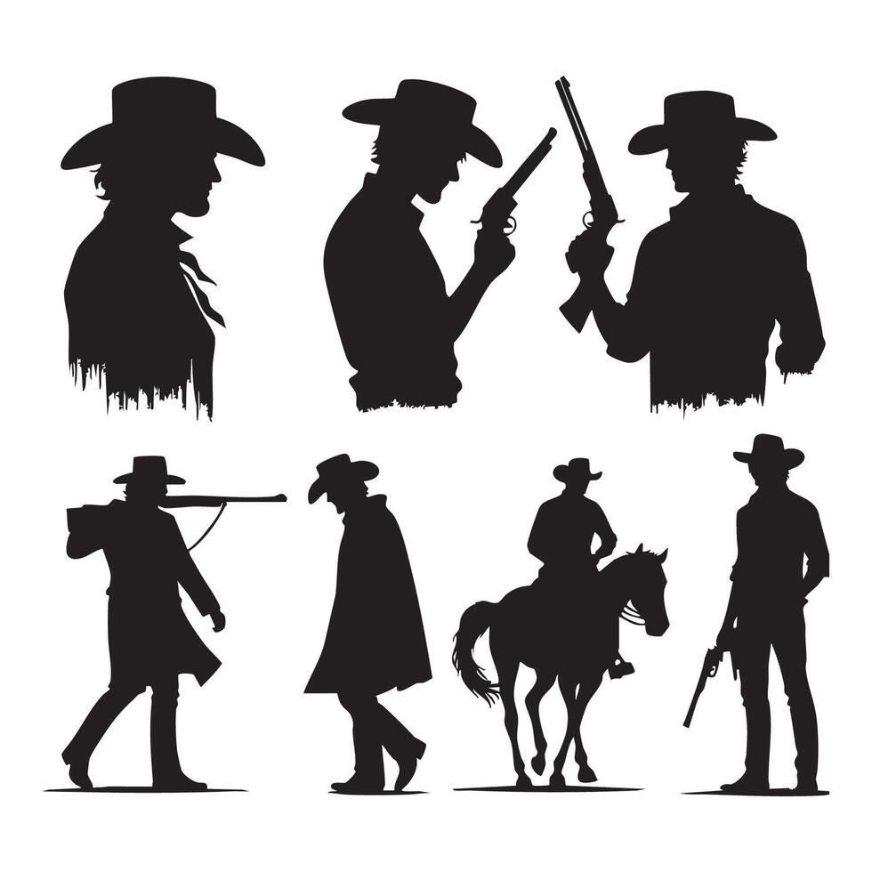 Assortment of cowboy figures in silhouette form on a white background vector