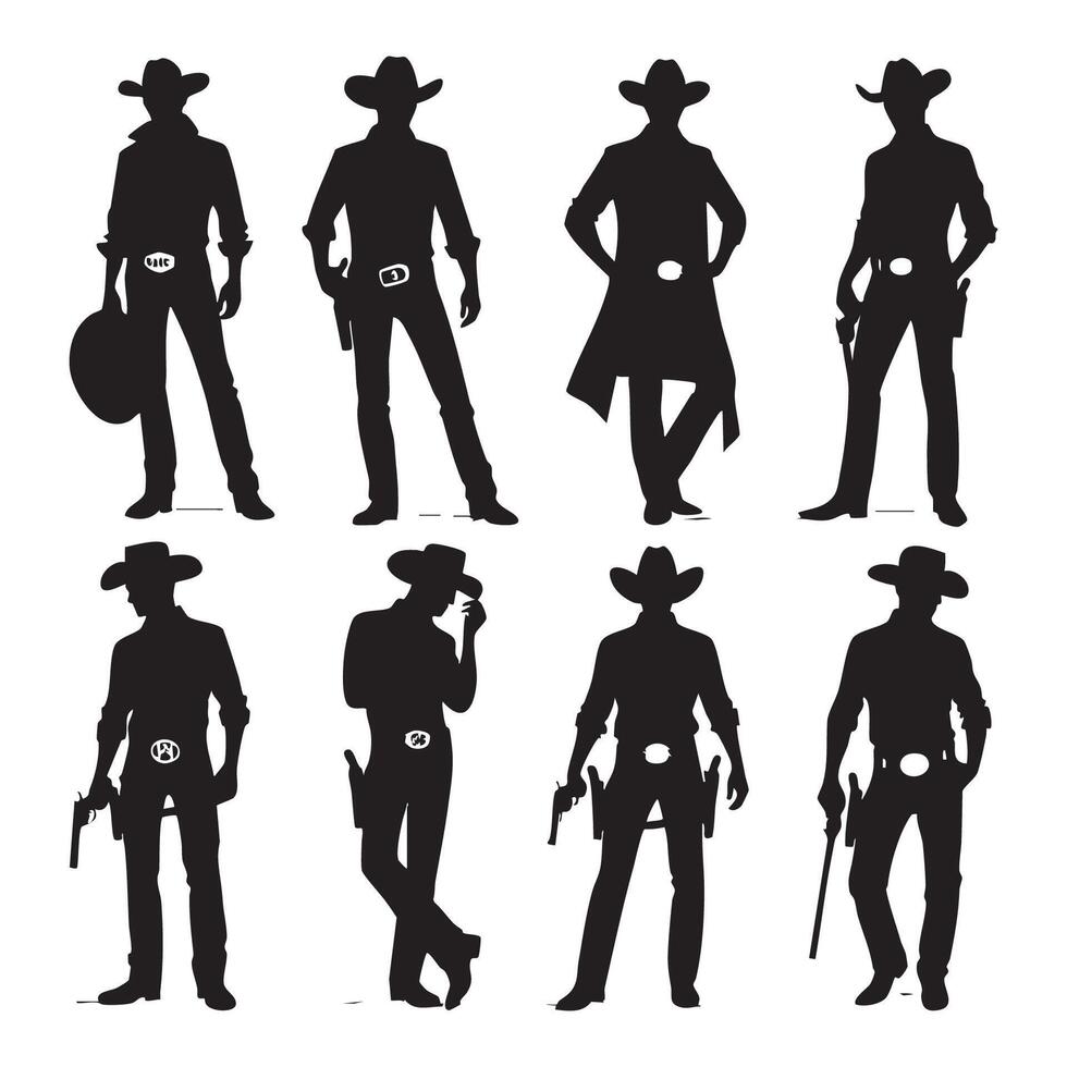 Lineup of cowboy-themed silhouettes positioned on a simple white backdrop vector