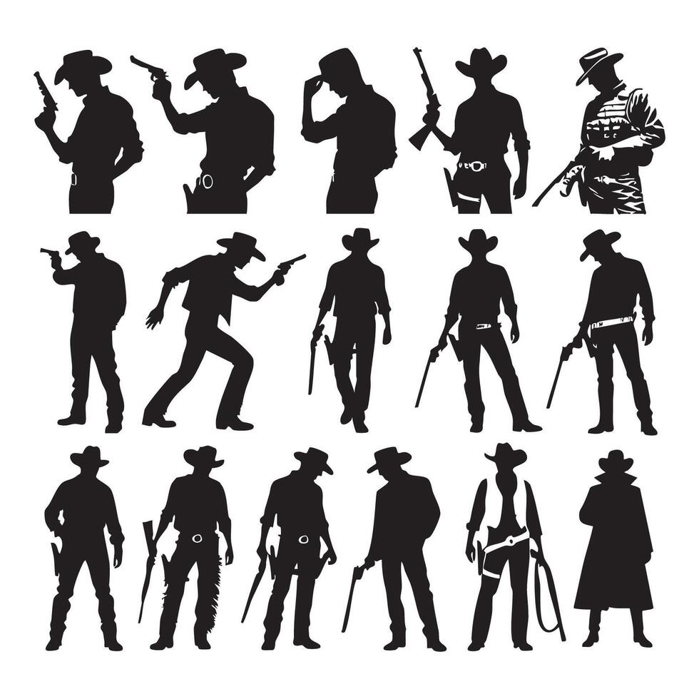 Compilation of cowboy silhouettes shown on a white sheet vector