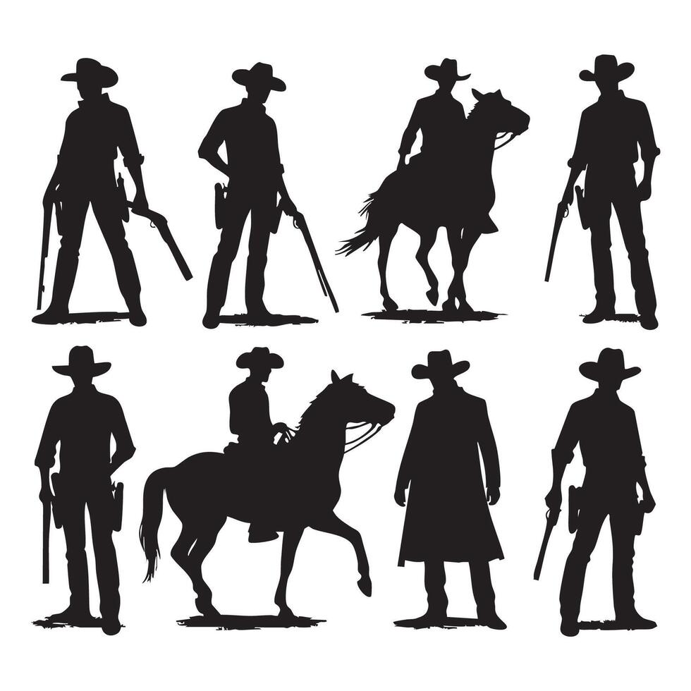 Array of cowboy silhouettes featured on a plain white background vector