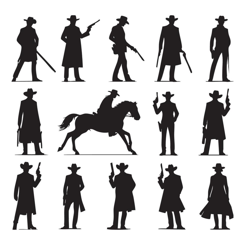 Collection of cowboy silhouettes on a white background vector