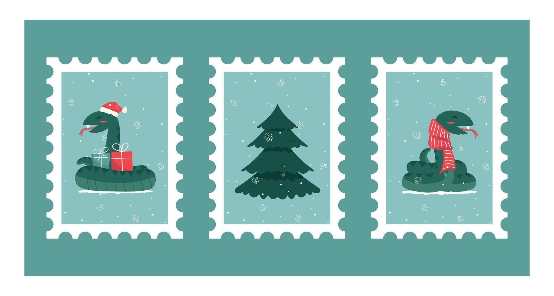 Set of three postcards of New Year stamps with cute snakes, trees, gifts and snow.Christmas stickers.Poster, greeting cards. Snowflakes to celebrate the cold season.Holiday Winter days. vector